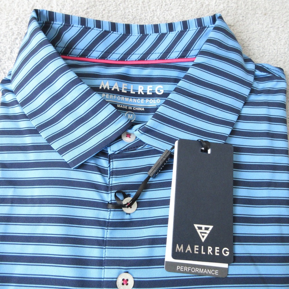 MAELREG Performance Polo Shirt Men's Medium Blue Stripe Short Sleeve UPF 30+